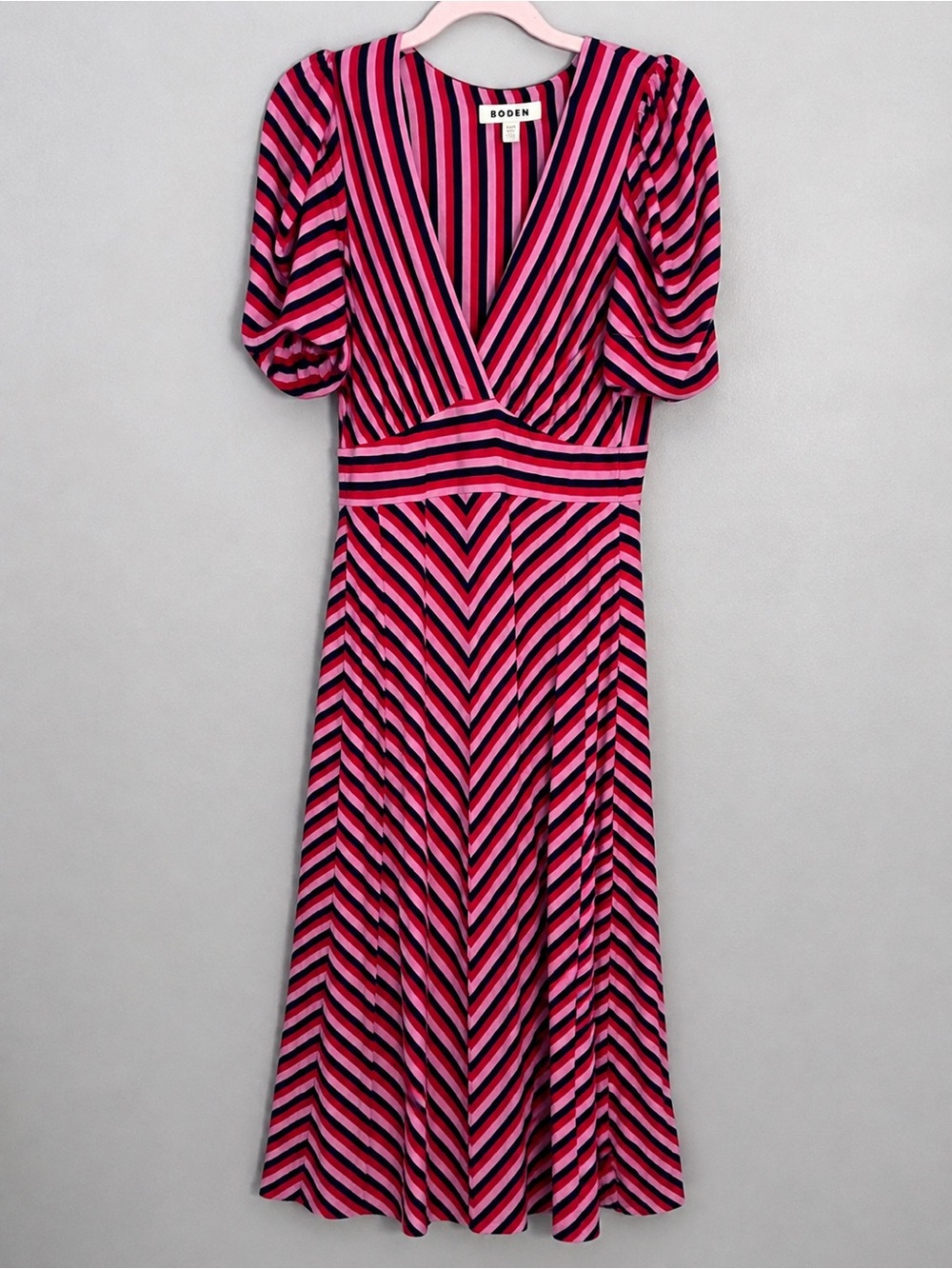 Boden Striped Puff Sleeve Midi Dress Size 4R Pink Red Navy - Picture 5 of 8